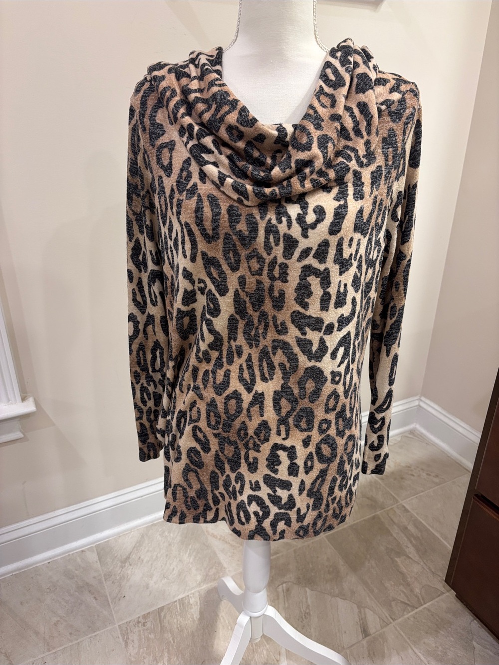 Chico’s Zenergy Cowl Neck Leopard Print Top- Black & Tan